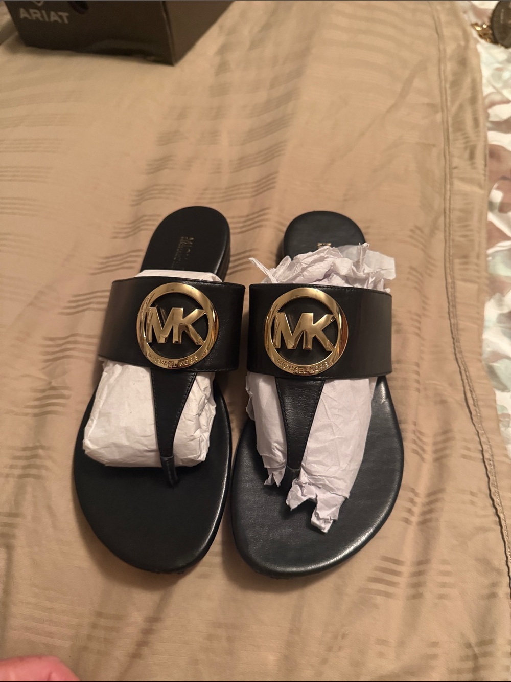 Michael Kors Black Leather Slide Sandals w/Gold MK Emblem...7.5 but fit like a 7